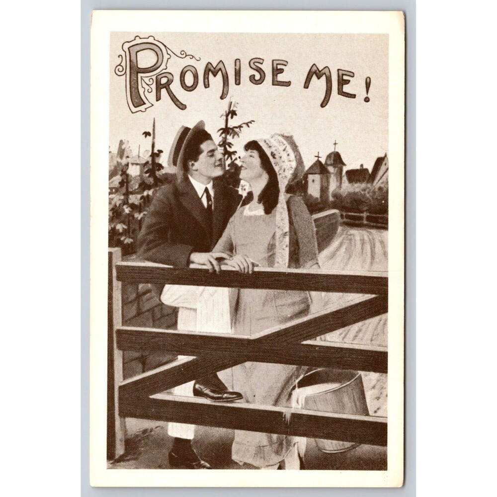 Vintage Reproduction Postcard "Promise Me!" Romance Couple Over Fence Vtg Style